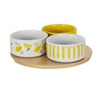HowHomely Lot de bols à collation en bambou de 22 cm de diamètre avec 3 bols en céramique blanc et jaune, set de service, bols à sauce, tapas, assiettes à apéritif, vaisselle de fête