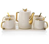 HowHomely Service à café en céramique pour 4 personnes - Moderne - Blanc - Avec théière, 4 tasses et plateau de service - Idéal pour le service à café, le service à thé ou d'autres boissons