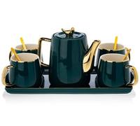 HowHomely Service à café en céramique pour 4 personnes - Moderne - Vert - Avec théière, 4 tasses et plateau de service - Idéal pour le café, le thé ou d'autres boissons