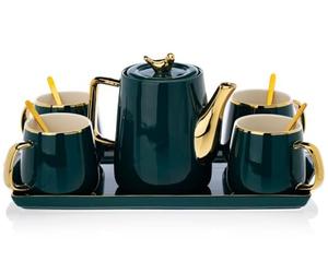 HowHomely Service à café en céramique pour 4 personnes - Moderne - Vert - Avec théière, 4 tasses et plateau de service - Idéal pour le café, le thé ou d'autres boissons