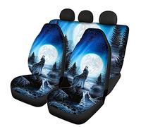 Howilath Ensemble complet de housses de siège de voiture fantaisie en polyester pour l'avant et l'arrière, motif loup hurlant de lune vive, compatible avec la plupart des voitures, berlines, SUV