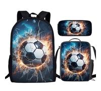 Howilath Ensemble sac à dos d'école de football pour garçons avec motif tonnerre et sac à dos pour la rentrée scolaire avec boîte à déjeuner et trousse à crayons