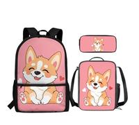 Howilath Ensemble sac à dos et sac à déjeuner 3 en 1 pour enfant, Corgi Pink, Moderne