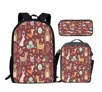 Howilath Ensemble sac à dos pour adolescentes avec imprimé animaux de la forêt de dessin animé, cartable, 43,2 cm, sac d'école vintage avec trousse à crayons, boîte à déjeuner