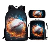 Howilath Flame Baseball Sac à dos d'école pour garçons, 43,2 cm, sac à dos avec trousse à déjeuner