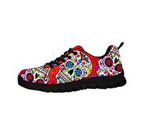 Howilath Red Flower Skull Pantoufles pour Femmes, Sugar Skull Flower Cute Outdoor Fitness Sports Lace Flat Fitness Air Sneakers EU 43