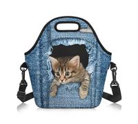 Howilath Sac à déjeuner isotherme avec imprimé chat pour enfants, maternelle, école primaire, adolescents, sac fourre-tout isotherme avec poche en denim, imprimé chaton mignon, sac à bandoulière