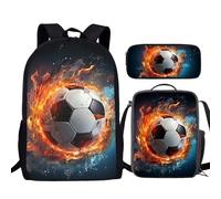 Howilath Sac à dos d'école Fire Soccer pour garçons avec sac à déjeuner, 43,2 cm, sac à livres 3 en 1 pour la rentrée scolaire