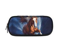 Howilath Trousse à crayons et trousse à crayons pour filles adolescentes avec fermeture éclair, Cheval marron bleu, Organiseur de sac