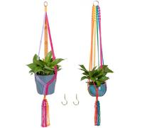 HOWMAX Lot de 2 cintres en macramé coloré Arc-en-Ciel avec 4 Crochets, Support de Plantes à Suspendre pour intérieur et extérieur, Corde en Coton Faite à la Main pour décoration de Chambre bohème,