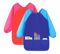 Hoxfly 2PCS Blouse Peinture Enfant 5-10 ans,Tablier avec 3 Poches et Manches Longues,Tablier Artisanal Enfants,Tablier de Peinture Imperméable,pour L'école Activités Peinture,Bleu&Rouge(Moyen)