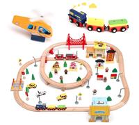 Hoyiyobi 72 Pcs Ensemble de Train en Bois,Train en Enfant avec Rails en Bois Railway Jouet Circuit Enfant pour 3 4 5 6 7 Ans avec Accessoires Ferme Voitures Tracteur Pont Arbres Panneauneau