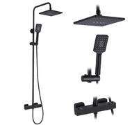 HOZKUY Système de douche avec thermostat noir - Robinet de douche carré à 38 °C - Avec douchette à effet pluie et douchette à 3 fonctions - Hauteur réglable - Barre de douche réglable de 103 à 140 cm
