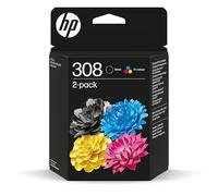HP 308 - Pack combiné de cartouches d'encre noires et couleurs pour imprimantes HP Envy 6122e, 6532e, 6520e, 6132e, 6530e, 6120e, 6110e, 6558e, 6110e 6130e
