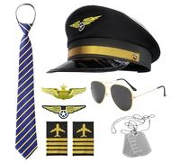 Hpbaggy 8PCS Accessoire de Costume de Pilote,Chapeau De Capitaine,Cravate,Lunettes de Soleil,Collier,épaulettes,Insigne, Déguisement Pilote,pour Carnaval,fêtes à thème