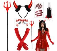 Hpbaggy Accessoires de Costume de Diable d'Halloween,Corne Diable,Gants rouges,Fourche Rouge,Tatouage Halloween,Strass visage,Faux Sang Spray,Pour enfants et femmes,Carnaval,Cosplay