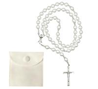 Hpbaggy Collier Chapelet Catholique avec Sac à Cordon en Velours Collier Chapelet de Communion Collier de Rosaire à Breloque Crucifix Cadeau Communion(Blanc)