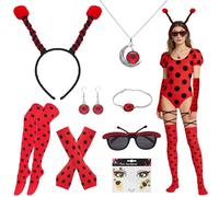 Hpbaggy Costume Coccinelle,Déguisement Ladybug,Serre-tête,Gants,Chaussettes,Collier,Bracelet,Boucle D'oreille,Étiquettes de Tatouage pour le Visage,pour Halloween Carnaval,Déguisement Accessoires Set
