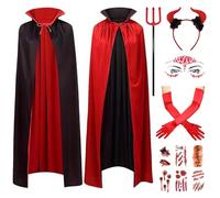 HpCuales Costume d'Halloween pour femme, cape réversible de diable - Accessoires pour femme - Cornes de diable - Trident - Gants longs - Gemmes d'horreur - Tatouage - Cosplay - Carnaval