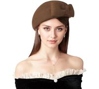 Hperu Béret Chapeau Élégant Pilulier Chapeau pour Femme avec Noeud Chaud Doux Confortable Laine Taille Unique Chapeaux Français pour Femme Fête d'hiver Mariage, Chameau, Pilulier pour