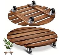Hperu Caddie à Plantes avec roulettes, Support à Plantes Rond en Bois, roulettes verrouillables pour Pot de Fleur intérieur et extérieur, 12 Pouces, Paquet de 2