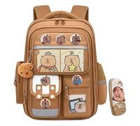 Hperu Capybara Sac à dos pour l'école, 16, 5 x 12 x 8, étanche, réfléchissant, ergonomique, Kawaii - avec 1 pendentif en peluche, 3 cartes, 6 badges et 1 trousse à crayons, respirant et antidérapant