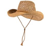 Hperu Chapeau de Cowboy d'été en Paille pour Femmes et Hommes, Chapeau de Cowboy Creux, Chapeau de Plage avec mentonnière, Chapeaux de Soleil à Large Bord pour l'extérieur, Kaki