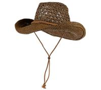 Hperu Chapeau de Cowboy en Paille d'été pour Femmes et Hommes, Chapeau de Cowboy Creux, Chapeau de Plage avec mentonnière, Chapeaux de Soleil à Large Bord pour l'extérieur, café
