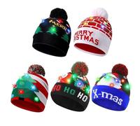 Hperu Chapeau de Noël avec des lumières, 5 pièces LED sur le thème du joyeux Noël, bonnet de pull d'hiver unisexe tricoté avec des lumières colorées - Bonnet tricoté