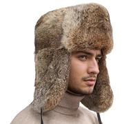 Hperu Chapeau de Trappeur d'hiver, Imitation Lapin Chapeaux Russes pour Hommes, Casquette d'oreille à Fourrure épaisse pour Femmes Hommes, Marron