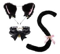 Hperu Costume de Cosplay de chat pour filles, 3 pièces/ensemble, tour cou en chaîne réglable avec nœud papillon en dentelle avec cloche, bandeau et queue en peluche-Costume chat