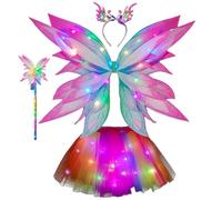 Hperu Costume de fée, 4 pièces/ensemble, costume de fée lumineux avec bande élastique - Déguisement pour enfants comprenant un bandeau, une aile, une baguette et jupe pour Halloween