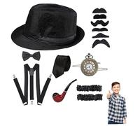 Hperu Costume de gangster pour enfants des années 1920, ensemble comprenant un chapeau Fedora, une cravate, un nœud, une bretelle, montre de poche pour le bal des enfants, fête, déguisement, d