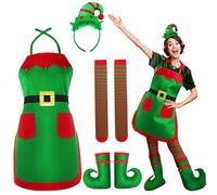 Hperu Costume d'elfe pour femme 1 ensemble mignon classique comprenant un chapeau, un bandeau, des bas, des chaussures, tablier en velours pour Noël, Halloween - Costumes de Noël