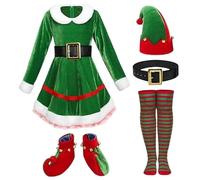Hperu Costume d'elfe pour filles taille xl 1 ensemble robe d'elfe classique en velours avec chapeau, ceinture, chaussettes et chaussures pour Noël Halloween - Costumes de Noël