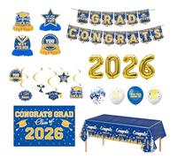 Hperu Décorations de remise de diplôme 2026 - Ensemble fête 7 pièces avec bannière, ballons, toile fond pour décorations classe 2026 bleu et or - Fournitures fête remise diplôme