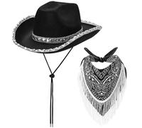 Hperu Ensemble de costumes de cowboy occidental, chapeau de cowboy 2pcs et bandana, chapeau de cowboy noir et casse avec accessoires de cowboy franges pour la fête de cosplay, noir