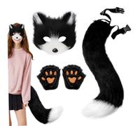 Hperu Ensemble masque et queue de renard - Costume de renard en fourrure comprenant un masque moelleux, des gants patte et une queue Therian - Costume d'Halloween pour déguisement, fête, cosplay