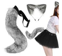 Hperu Ensemble Oreilles et Queue de Renard en Fausse Fourrure, Oreilles et Queue de Loup en Fourrure, Animal Mignon Bandeau pour fête Cosplay, Mascarade Gris foncé
