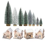 Hperu Ensembles de Village de Noël 12 pièces, 4 Maisons Noël sur Le Toit Blanc Neige avec 8 Arbres, Maisons Village éclairées, décoration Rustique pour la Maison, la Salle Table
