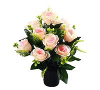 Hperu Fleurs funéraires, 38, 1 cm, 12 têtes de Roses artificielles avec Pot - Fleurs de cimetière en Soie pour Pierres tombales et décoration Pierre tombale - Cimetière pour Tombe