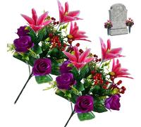Hperu Fleurs Grave pour Le cimetière, 2 Paquets de Fleurs artificielles pour Les tombes 17,3 '' Fleurs Grave 12 têtes Fleurs de cimetière Rose et Lily Memorial Silk Flowers, Type 2