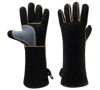 Hperu Gants ignifuges Gants de soudage en cuir résistants à la chaleur et au feu Mitaines antidérapantes pour cheminée, poêle, four, gril, barbecue, support de pot Mig, manipulation d'animaux