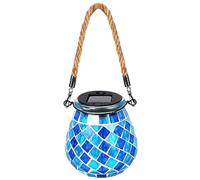 Hperu Lanterne Solaire en mosaïque, Lanterne Solaire à Motif Ovale en Verre Bleu, étanche, 4x10 lumières extérieures avec Corde de Suspension, pour Cour, Jardin, décoration