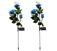 Hperu Lot de 2 Fleurs solaires d'extérieur étanches, 3 têtes de Fleurs réalistes, imperméables, éclairage Automatique, piquets Jardin pour décoration Jardin extérieur, Bleu
