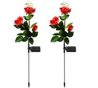 Hperu Lot de 2 Fleurs solaires d'extérieur étanches, 3 têtes de Fleurs réalistes, imperméables, éclairage Automatique, piquets Jardin pour décoration Jardin extérieur, Rouge