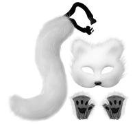 Hperu Masque Therian, ensemble de gants de queue et patte en fourrure, masque renard demi-visage avec queue renard, costume cosplay moelleux pour mascarade, fête d'Halloween, cosplay, Therian