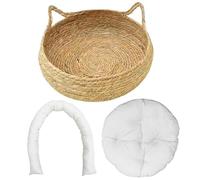 Hperu Panier pour Chat tissé à la Main, Lits pour Chats d'intérieur, paniers tissés 2 en 1 avec Coussin Doux, lit pour Chaton Anti-Rayures, Panier Rond Confortable en Osier, M, 38, 1 x 12, 7 cm