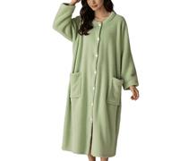 Hperu Peignoir Long en Polaire Corail Doux et Chaud pour Femme avec Poche et Boutons - Pyjama épais pour Femme - Vert - Robe pelucheuse pour