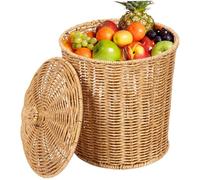 Hperu Poubelle en osier,Panier en osier avec couvercle Poubelle en osier Panier à linge rond tressé pour chambre à coucher, salon et salle de bain Décoration d'intérieur
